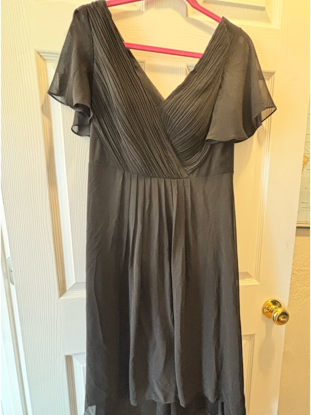 Ever-Pretty Black High Low Chiffon Dress Pleated V Neck Flutter Sleeve M